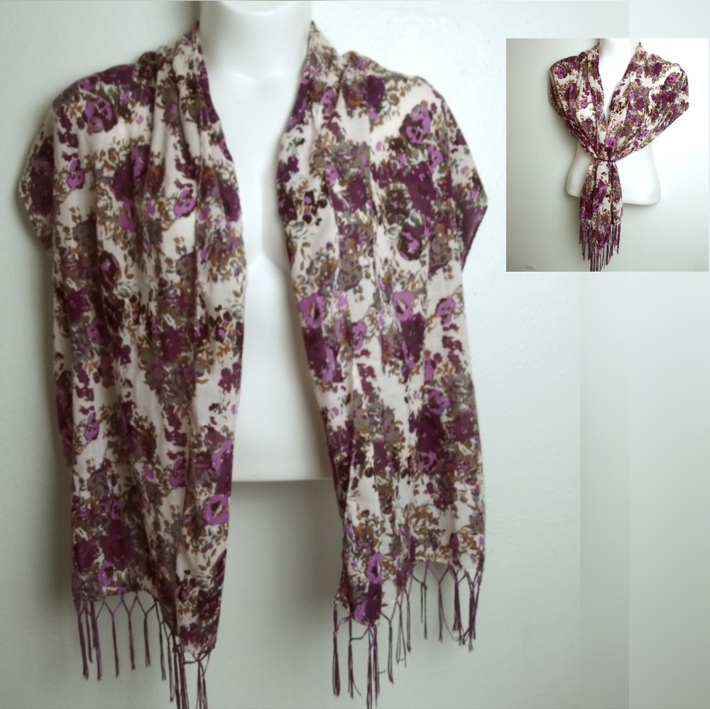 Casual Fringed End Scarf Purple Floral  70"×20"